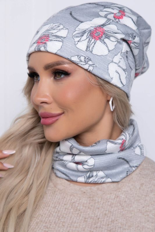 Set of hat and snood (flowers/silver) ShS09