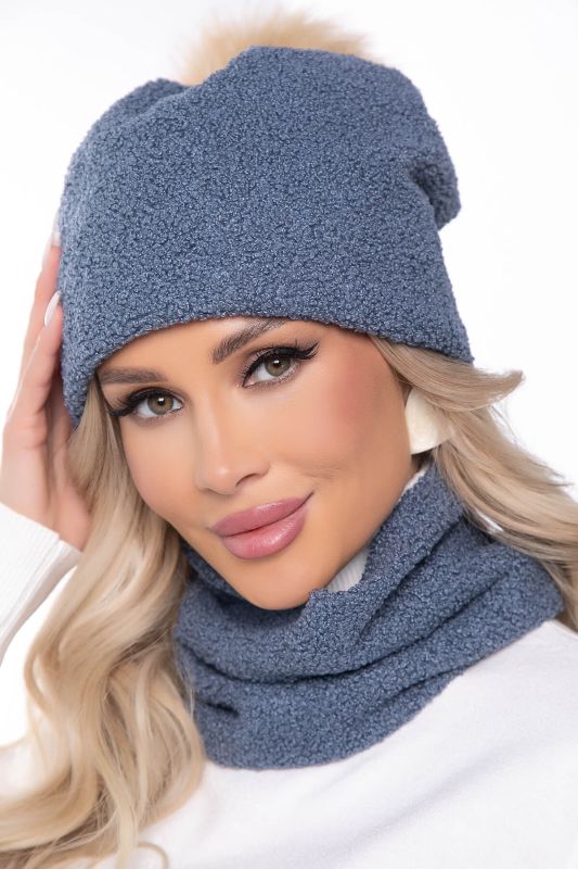 Set of cap with pompon and snood (denim) ShPS14